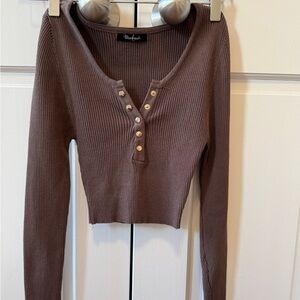 Brown Ribbed Long Sleeve Crop Top